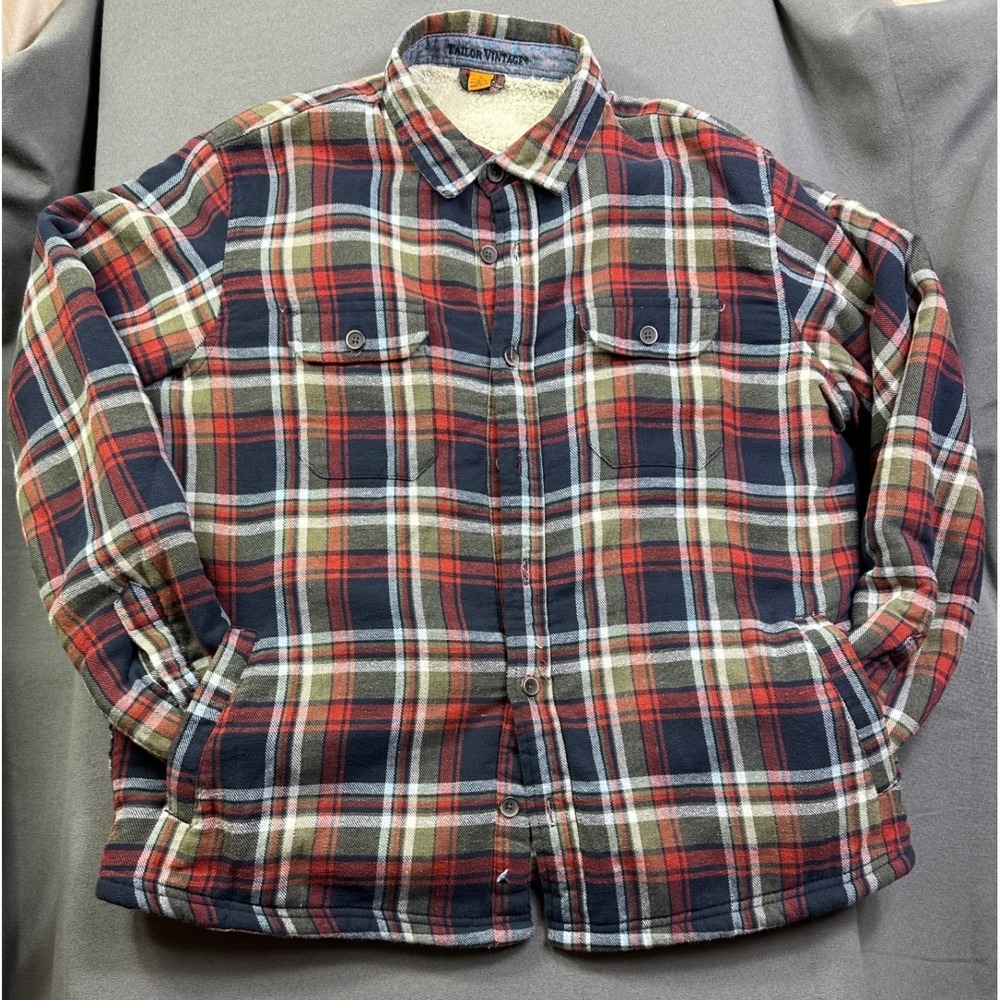 Tailor Vintage Men's Sherpa Lined Flannel Shirt Jacket Plaid Red Blue Large XL